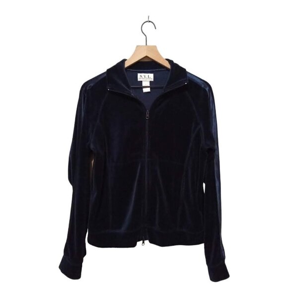 New York Laundry Navy Velour Long Sleeve Collared Track Style Jacket Sz L - Picture 1 of 7